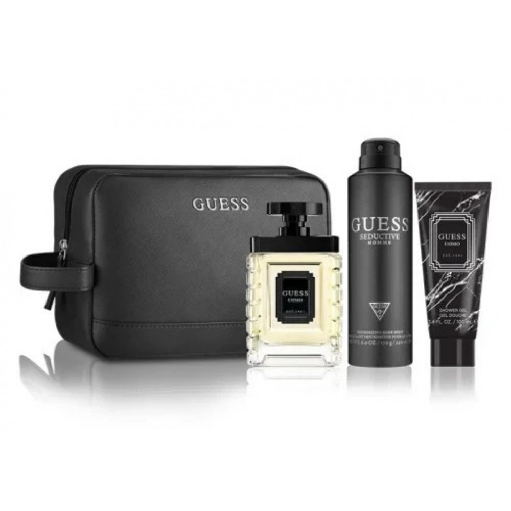 طقم Guess Uomo للرجال EDT 100 مل + بخاخ للجسم 226 مل + جل استحمام 100 مل + حقيبة طقم Guess Uomo للرجال EDT 100 مل + بخاخ للجسم 226 مل + جل استحمام 100 مل + حقيبة